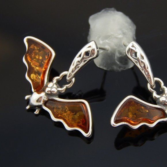 DirtyBombBoutique.com Jewelry - Natural Baltic Cognac Amber Happy Bat Dangle Earrings in 925 Sterling Silver